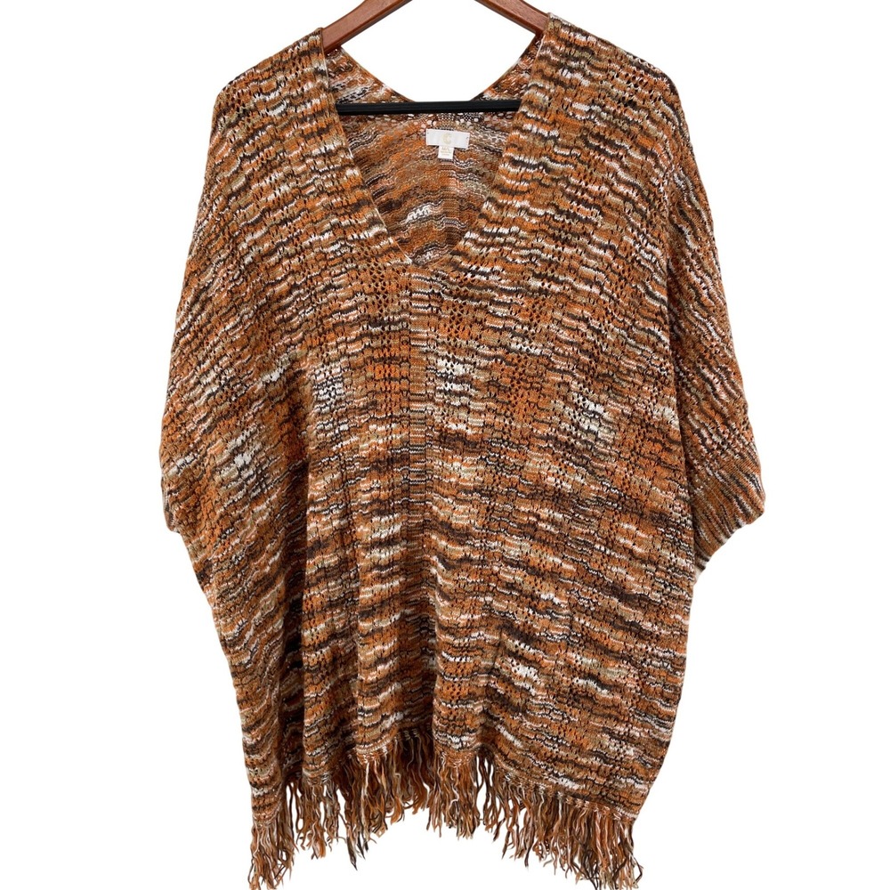 Poncho Womens M/L Orange Brown Western Boho Southwest Hippie Fringeโ Side Button
